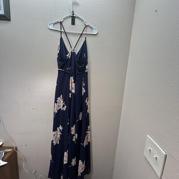 LULU'S Loiselle Navy Blue Floral Print Polka Dot Wrap Maxi Dress SZ S formal - Picture 4 of 11